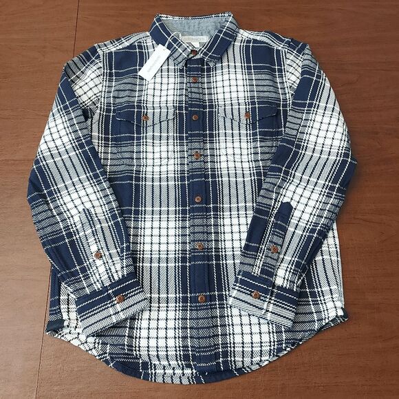 Outerknown Blanket Shirt Organic Cotton Navy Blue White Plaid Men's Size M - Picture 1 of 5